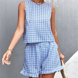 Gingham Sleeveless Top and Ruffle Hem Shorts Set